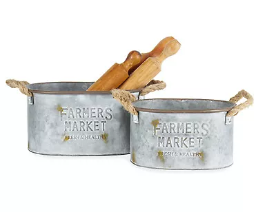 Galvanised Metal Country Farmers Market Planter Pot Tub Bucket Set Of 2 • $74.99