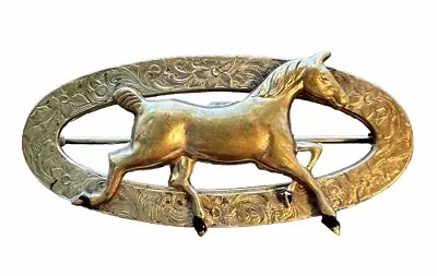 VTG Oval Horse Brooch Pin Gold Brass Tone Ornate Equestrian Galloping Colt Race • £23.72