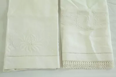 FLAWS Two Antique Vintage Embroidered Linens Hand Towels P Floral Ivory Cottage • $17.50