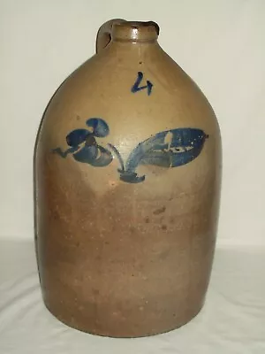 Primitive #4 Stoneware Crock Jug ~ Nice Cobalt Blue Pattern ~ Displays Well ! • $450