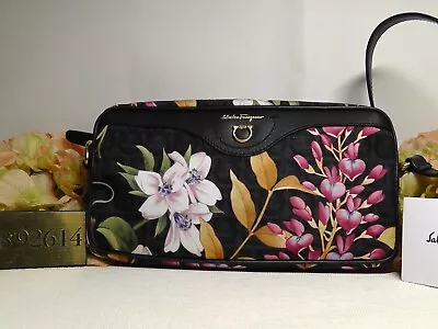 SALVATORE FERRAGAMO Multi- Black Floral Nylon W/ Leather Trim Shoulder Bag*$530 • $674.42