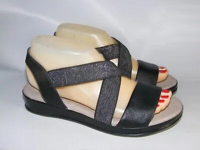 Michelle D Black Leather Sparkle Strappy Flats Slides Sandals Size 7 M Cammeron • $24.95