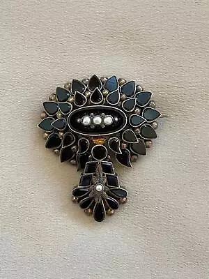 Antique Early VICTORIAN Layered ONYX Mourning Brooch W/Dangle 9K Gold • $250