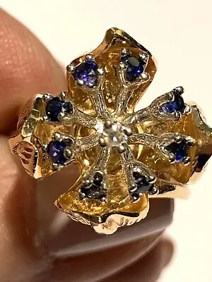 Vintage 14k Sapphire & Diamond Flower Ring • $395