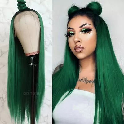 Long Straight Hair Ombre Green Glueless Heat Resistant Synthetic Lace Front Wigs • $19.71