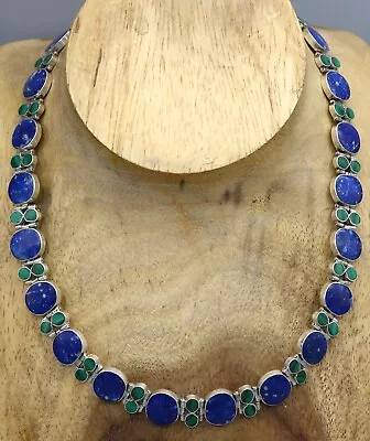 Mexico 950 Malachite &  Lapis Hinged Oval Panel Link Necklace 18  65 Grams NEW • £49.47