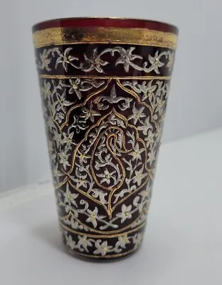 Bohemian Moser Red Juice Glass/Tumbler Gold And Silver Decor C. 1880s 3 5/8 Inch • $195