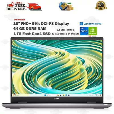 DELL Precision 16-In 64GB DDR5 RAM 1TB SSD I7 2.1- 4.8GHz RTX 8GB Laptop £-OFF👇 • £1569