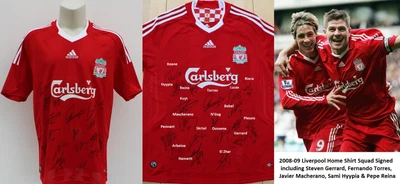 £300 • Buy 2008-09 Liverpool Home Shirt Squad Signed Inc. Gerrard & Torres + COA & Map