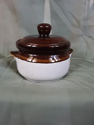 VINTAGE Stoneware  Bean Pot Brown & Tan Double Eared Handles With Lid. • $9.99