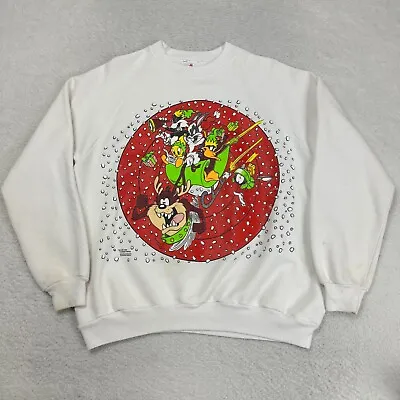 Vintage Warner Bros Tasmanian Devil Christmas Sweater XL Usa Made Jerzees FLAWS • $21.25