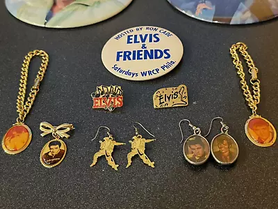 ELVIS PRESLEY - 1970's - LOT - BRACELETS + EARRINGS + PINS + PIN-BACK BUTTONS • $29