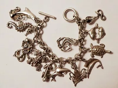 Heavy Sterling Silver 12 LARGE Charm Bracelet Mermaid Cobra Scorpion Turtle Frog • $299