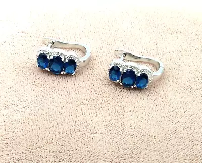 Vintage Stunning Simulated Sapphire  Rhinestone  Pierced Earrings Silver Tone • $18.20