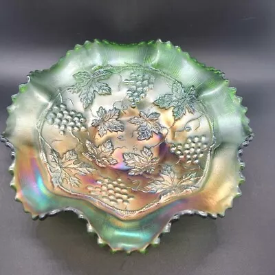 Northwood Emerald Green Carnival Glass Stippled Grape & Cable Footed Bowl WOW! • $149.99