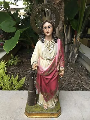 VTG Santa Barbara Church Quality Statue Wood Plaster Glass Eyes Imported Spain  • $1550