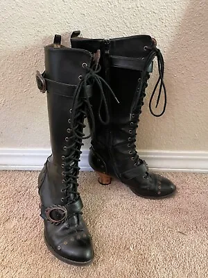 Womems Steampunk Costume Boots Shoes Black With Bronze Copper Detail Rivets 6 • $35