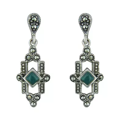 Art Deco Green Agate And Marcasite Drop Earrings Solid Sterling Silver 925 Stamp • $41.02