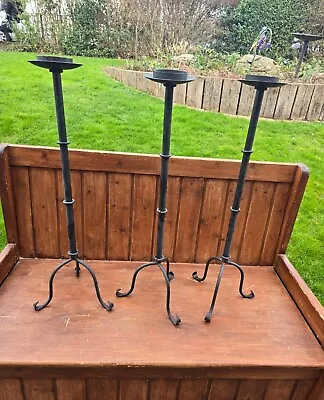 Vintage 3 X Black Iron Candle Holder Tripod Base Free Standing Rustic Tall 71 Cm • £47.99