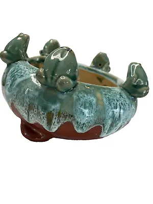 Majolica Style Round Pottery Planter 5 Frogs Bowl Turquoise Brown Drip Glaze • $34