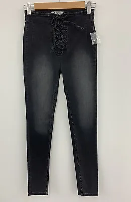 Free People High Rise Lace Up Skinny Jeans Washed Black UK 4 W25 NEW RRP £89 • £25