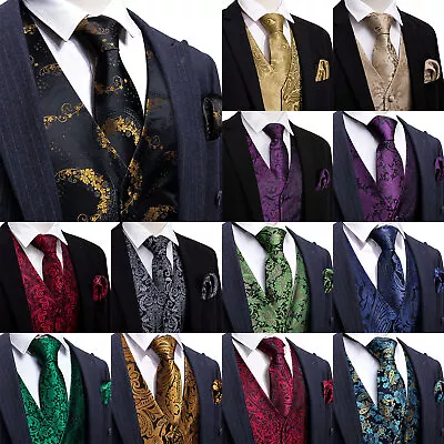 Mens Waistcoat Black Blue Red Paisley Dress Vest Neck Tie Hankie Set Suit Tuxedo • $23.99