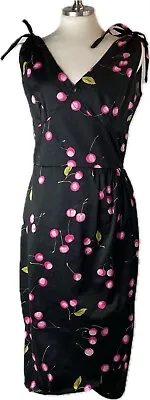 Bettie Page Sz L Black Dress W Cherries Retro Pin Up Ties Zip Deep V Rockabilly • $49.96