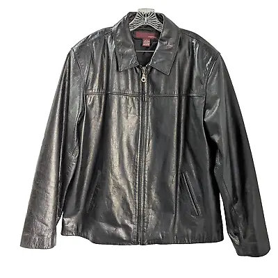 Merona Black Leather Mens Bomber Jacket Large Pockets Zippered Lined Coat EUC • $54.95