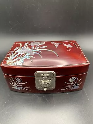 Vintage Lacquered Jewelry Box W Abalone Inlay Turtle Clasp Butterflies Floral • $18.95