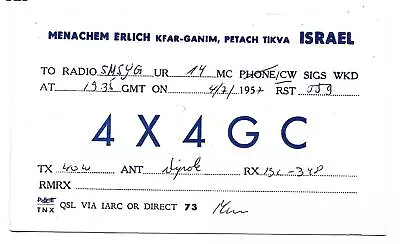 QSL Radio 4X4GC Kfar Ganim Petach Tikva Israel Ham 1957 Menachem Erlich DX SWL • $5