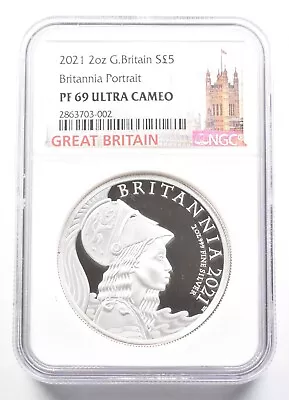 2021 Great Britain 5 Pounds Silver Britannia Portrait PF69 NGC 2 Oz *1557 • $349