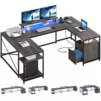 79 Inch U Shaped Desk With Power Outlets & LED Lights Reversible Computer Desk • $172.99