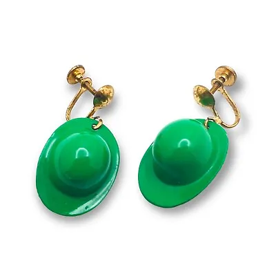 Saint Patricks Day Earrings Vintage Irish Green Derby Hats Screw Bach Dangle • $19
