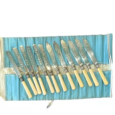 Antique Joseph Rodgers Shefield E.P.N.S. Set Of 12 Fish & Butter Knives Engraved • $128.45