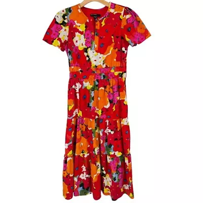 Maggy London Poplin Tiered Maxi Dress Short Sleeve Floral  Lined Pocket Size 12 • $39.99