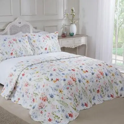 Spring Meadow Bedspread And Pillow Shams Set Quilted Floral Bedding White • £19.99