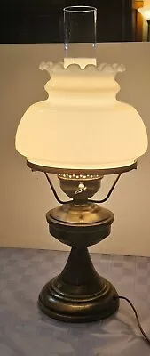 Vintage Brass Tone Lamp 19.5  Hurricane White Milk Glass Shade 6.5  Fitter  • $55