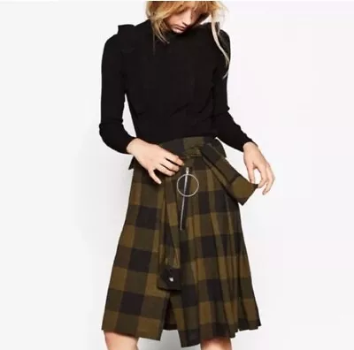 ZARA Women Buffalo Plaid Olive Green Black Shirt Tie Waist Skirt A-line Sz M • $29.99