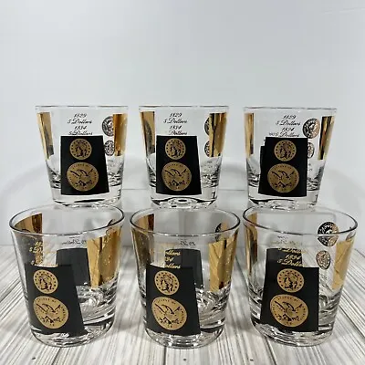 VTG Cera MCM Tumbler Glasses Black Gold American Coin Dollars Set Of 6 Whiskey • $24