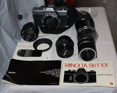 MINOLTA SRT 101 35mm SLR Film Camera With Manual 3 Lenses Adapters ETC WORKING • $116.10