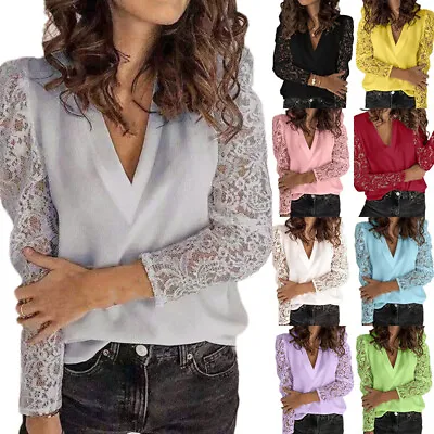 $17.80 • Buy Womens Chiffon V Neck Tops Ladies Long Sleeve Buttons T Shirt Blouse Plus Size