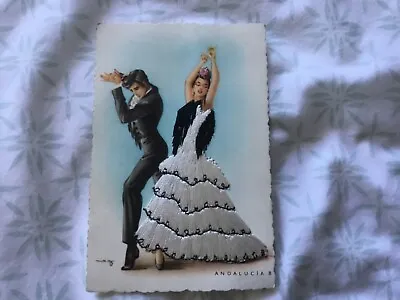 Andalucia Spain - Embroidered Silk Postcard - Dancer & Matador • £4.95