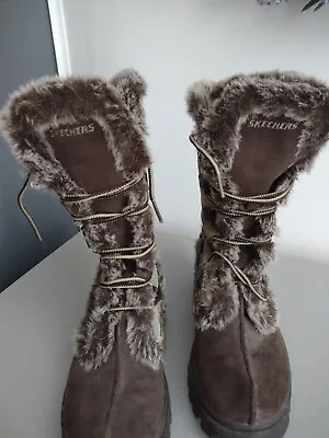 Sketchers Women's Tall Chocolate Fur Leather Furry Winter Boots 7.5 EUC (Ji) • $39.99