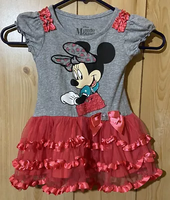 Disney Girls Minnie Mouse Tutu Shirt Dress Size 2T Gray Pink Glitter Lined • $7.99