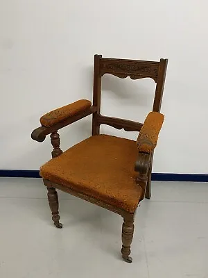 An Antique English Victorian Carved Upholstered Library / Bedroom Chair. • £45