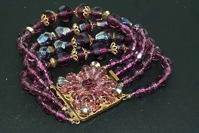 1960s Vtg Faceted Purple Crystal AB Gold Tone 4 Strand Bracelet • $45