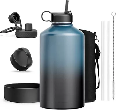 Gallon Water Bottle With Straw&3 Lids Large Wide Mouth Triple Wall Vacuum • $49.99