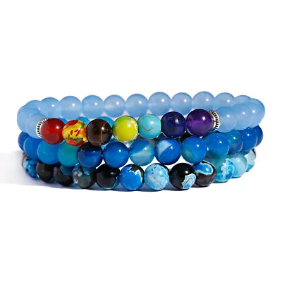 3Pcs/set Natural Stone 7 Chakras Charm Bracelet Blue Agate Women Men Yoga Bangle • $11.99