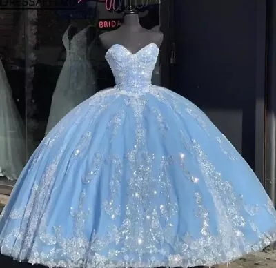 Blue Strapless Princess Quinceañera Dress Sequins Applique Ball Gown Sz 12 • $150