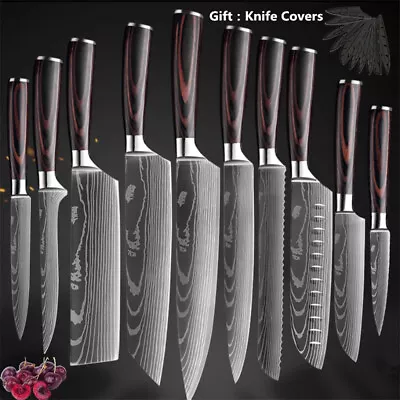 $14 • Buy 10PC Japanese Kitchen Knives&Scabbard Laser Damascus Pattern Chef Knife Set Bag